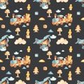 Watercolor seamless pattern with childrenÃ¢â¬â¢s wooden toys on a dark background